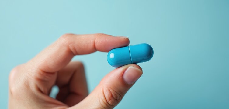 Person holds blue capsule medicine. Single pill for pain relief or vitamin supplement. Medical treatment option on aqua background. Take medication for health.