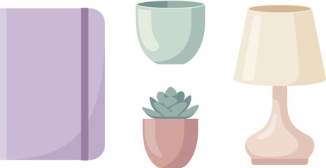 A collection of household items including a purple notebook, two ceramic cups, a succulent plant, and a table lamp
