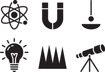 Science icons set including atom magnet balance lightbulb chart and telescope on transparent background