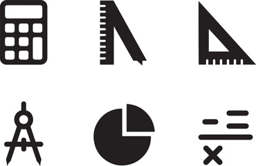 Set of black silhouette math school tools calculator ruler compass pie chart icon