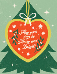 Vintage Retro Christmas Poster with Heart Ornament and Merry and Bright Typography