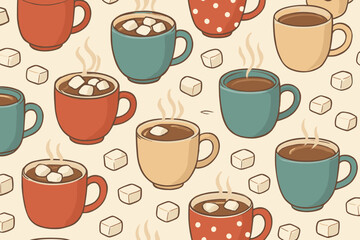 Obraz premium Warm drinks and marshmallows fill a cozy pattern with colorful mugs on a light background