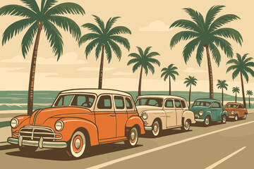 Classic cars parked along a coastal road lined with palm trees on a sunny day