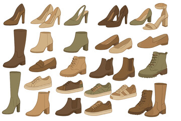 Different styles of shoes displayed on a white background showing a variety of designs and colors for various occasions