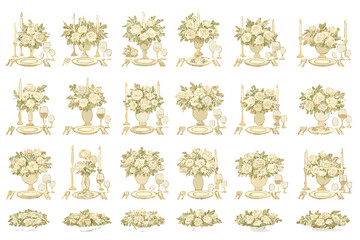 Floral arrangements with vases and table settings in different layouts for an event or gathering