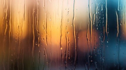 Abstract view of raindrops on a window with blurred colorful lights in the background during sunset
