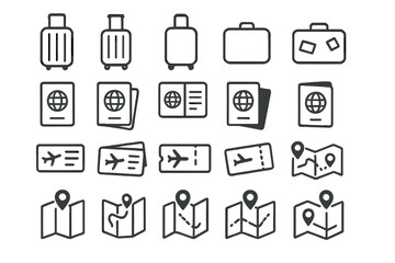 Travel items including luggage, passports, tickets, and maps for planning journeys and exploring new places