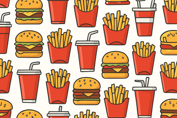 Fast food pattern with burgers, fries, and drinks in bright colors on a light background