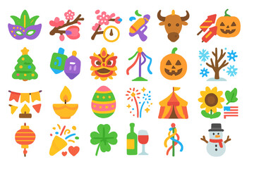 Obraz premium Colorful collection of holiday symbols and icons featuring diverse themes and celebrations