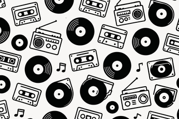 Music icons and symbols create a lively pattern celebrating sound and rhythm through various forms of media