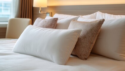 Obraz premium Experience Healthy Sleep With A Hypoallergenic Memory Foam Pillow In A Stylish Hotel Room Setting For Ultimate Relaxation And Restful Nights