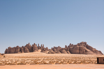 Sandstone formation shaped at the Hegra site in Saudi Arabia