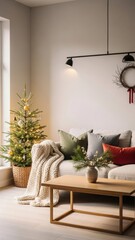 Cozy living room with a small christmas tree, cushions, and a coffee table decorated for the holidays