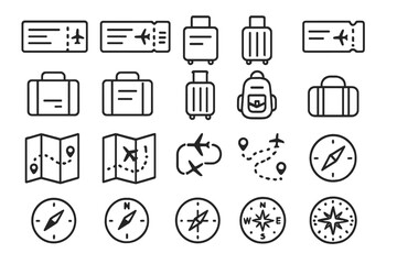 Travel icons showing various symbols of flights, maps, luggage, and navigation tools for exploring new places with ease and excitement