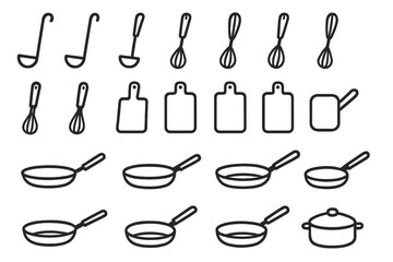 Cooking tools collection showing ladles, whisks, chopping boards, and pans used in food preparation and cooking in a kitchen setting