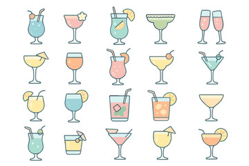 Display of various colorful cocktails arranged in grid format in a simple design