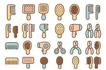 Various types of combs and hair styling tools arranged in a grid with different colors and shapes