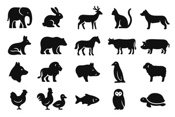 Animals in black silhouette on white background showing different species from land and water habitats and their shapes clearly defined