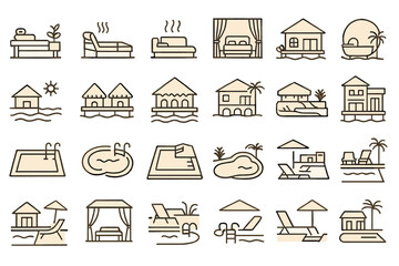 Different types of homes and relaxation areas by water with decorative and functional designs