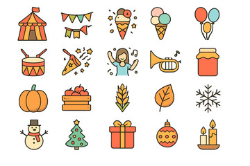 Colorful collection of festive icons showing activities, treats, and seasonal elements during celebrations and events