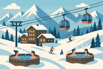Couples relax in hot tubs while skiers enjoy winter sports in snowy mountains