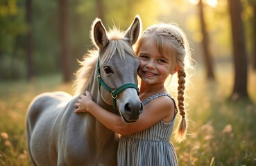 Fototapeta premium Blond little girl hugs a pony. They stand in field forest. Child smiles happy. Friendship concept. Beautiful summer day sun shines warm. Cute girl caresses horse pony.