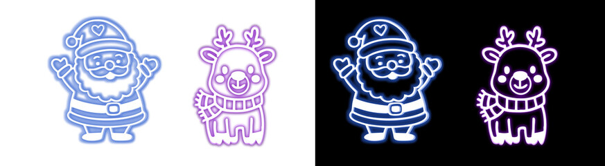 PNG image of&nbsp;Cute neon style christmas santa claus and reindeer icons glowing brightly in vibrant blue and purple against a on transparent background