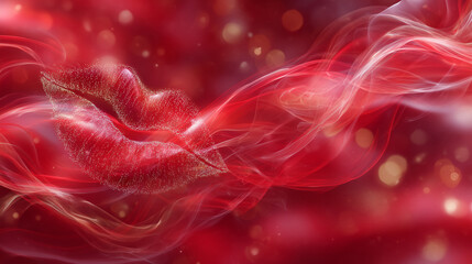 Bold abstract lips float in a dreamy red background filled with soft smoke and shimmering lights, creating a captivating representation of beauty and love ideal for Valentine's Day