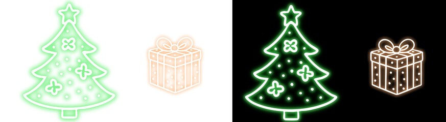 PNG image of Glowing neon christmas tree and gift box icons in vibrant green and warm orange hues against a stark for holiday design on transparent background