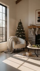 Cozy living room with a decorated christmas tree, fireplace, and a plush chair