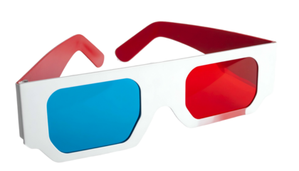 A close-up of 3D glasses with one red and one blue lens, white frame, and red arms