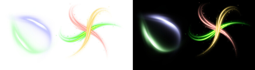 PNG image of Collection of vibrant abstract light trails and glowing energy bursts featuring neon colors against a stark for digital art on transparent background