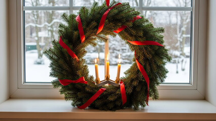 A beautiful and festive christmas wreath adorned with red ribbon and lit candles displayed on a windowsill with a snowy winter scene visible through the glass