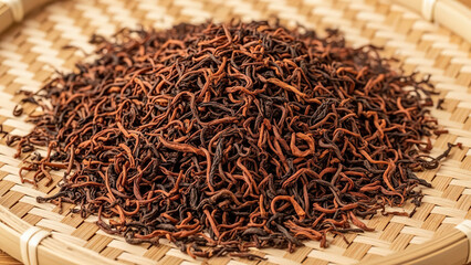 A close up overhead view of a pile of dry loose leaf black tea with a reddish brown hue presented on a woven bamboo mat showcasing its intricate texture and natural beauty