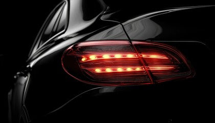 Sleek Black Luxury Car Tail Light With Copy Space Against A Dark Background. Spacious Design With A Black Car In Background.