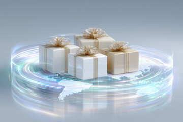 Four gift boxes are positioned over a stylized world map, symbolizing the interconnected nature of logistics and global shipping. This scene highlights international trade and supply chain management