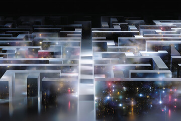A digital maze unfolds, symbolizing complexity and advanced technology. Surreal elements create a sense of navigation and problem-solving in a cyber world