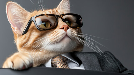 Ginger cat wearing sunglasses and a formal suit, embodying smart business, success, and leadership concepts in a humorous and intelligent way, looking up with a thoughtful expression