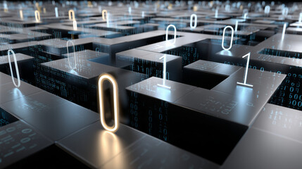 A complex, abstract maze made of metallic blocks features illuminated binary numbers. This futuristic landscape mirrors themes of innovation and navigation, representing advanced technology systems