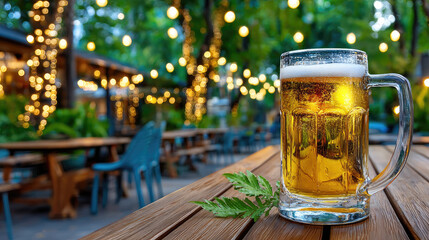 Frosty beer mug with a foamy head sitting on a wooden table, enjoying the evening atmosphere of an outdoor bar patio lit by warm bokeh string lights