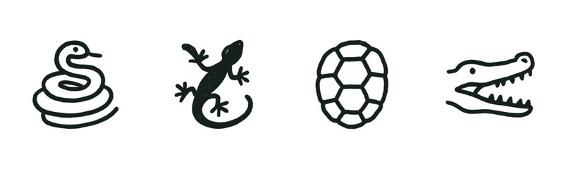 Obraz premium Set of four hand-drawn reptile icons in a simple black and white doodle style, featuring a coiled snake, a cute gecko, a turtle shell, and an alligator head illustration
