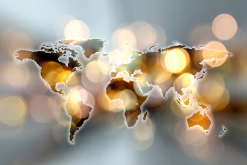 Abstract world map displays defocused lights, symbolizing global communication and connectivity among continents. A vibrant backdrop enhances the illustration of geography