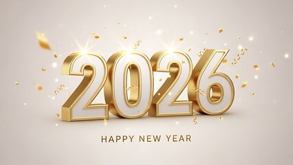 Elegant 3d golden white balloons forming the year 2026 with confetti and happy new year text