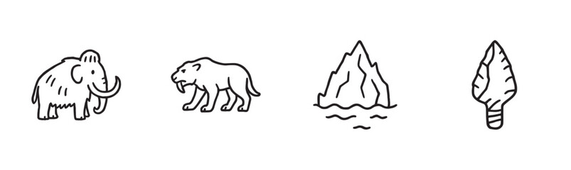 Fototapeta premium Four prehistoric ice age themed icons showing a woolly mammoth, smilodon, iceberg, and stone arrowhead in a simple hand-drawn black outline illustration