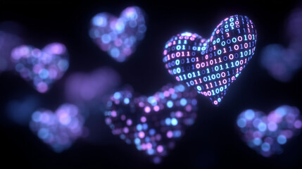 Colorful hearts made of binary code float in a virtual space, creating a surreal representation of love and emotional connection in a digital universe