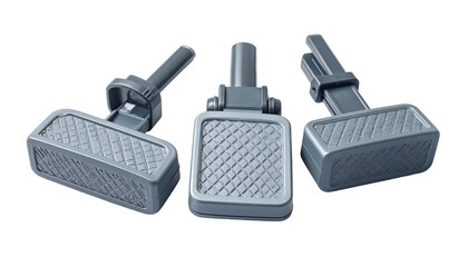 Three identical, gray foot pedals with textured treads, angled against a black background