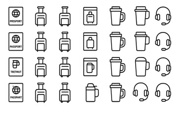 Travel icons display various items like passport, luggage, coffee cup, and headset arranged in a grid pattern on a white background