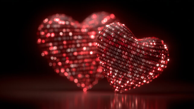 Two glowing hearts made of binary code reflect the fusion of technology and emotion, symbolizing the intimacy of digital connections in a virtual environment