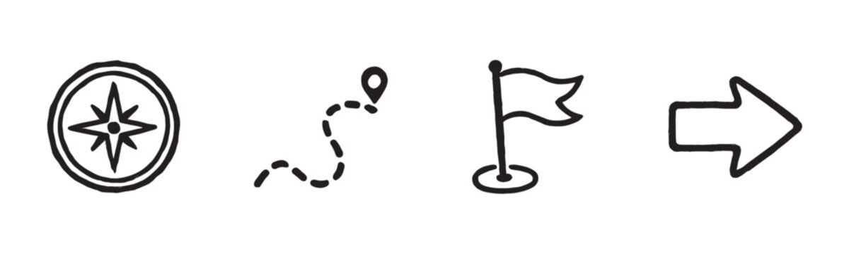 Four distinct hand-drawn navigation icons, including a compass rose, a dotted path with a location pin, a waving flag, and a bold arrow, all presented in a simple black outline sketch style