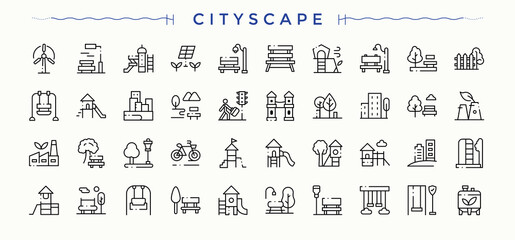 Cityscape linear icon set. Minimalist linear icons. Editable vector stroke. Ground icon set. Contains outline symbols like lake, city park, urban, park, outdoor and more.